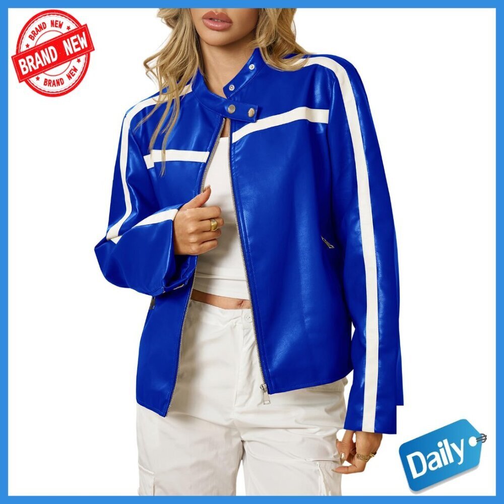 Faux Leather Bomber Jacket Zip Up Moto Biker Coat Vintage Y2K Style